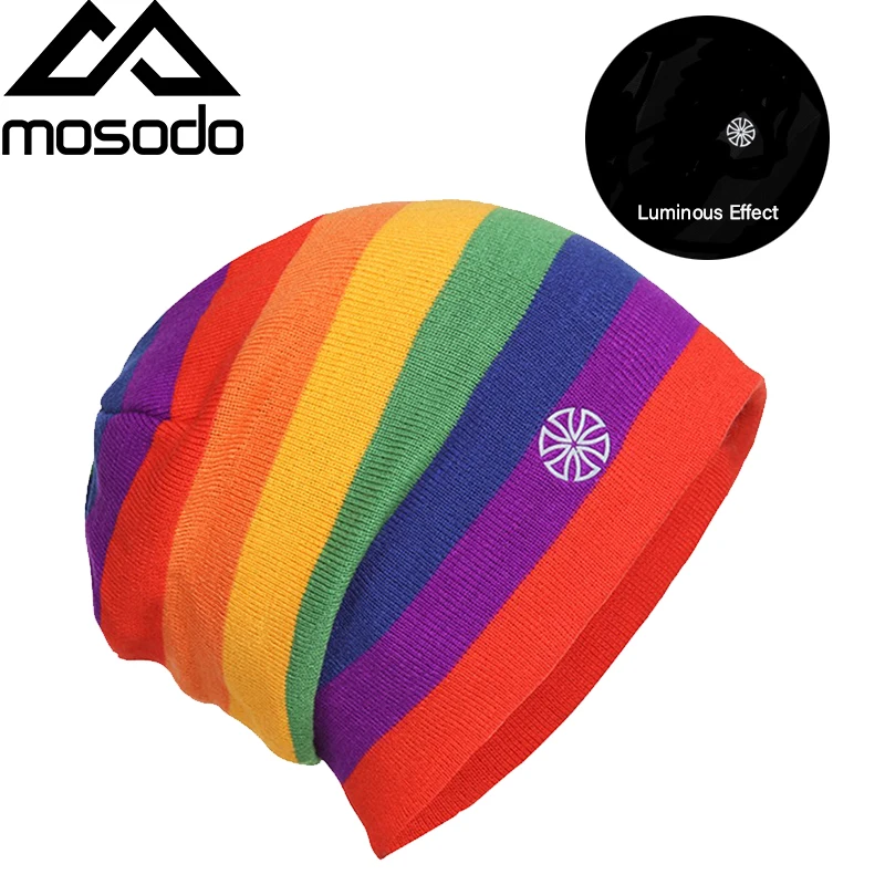 

Mosodo Winter Ski Hats Warm Thermal Beanies Color Strips Unisex Caps for Men Women Snowboard Hiking Knit Wool Slouchy Hat
