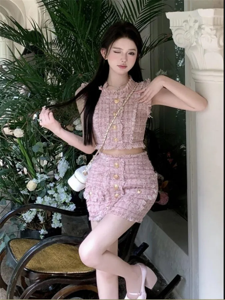 

Summer Fashion Celebrity 2 Piece Pink Suits Luxury Elegant Lady Tweed 2pc Sets Sleeveless Short Tank Top&Pencil Mini Skirt Sets