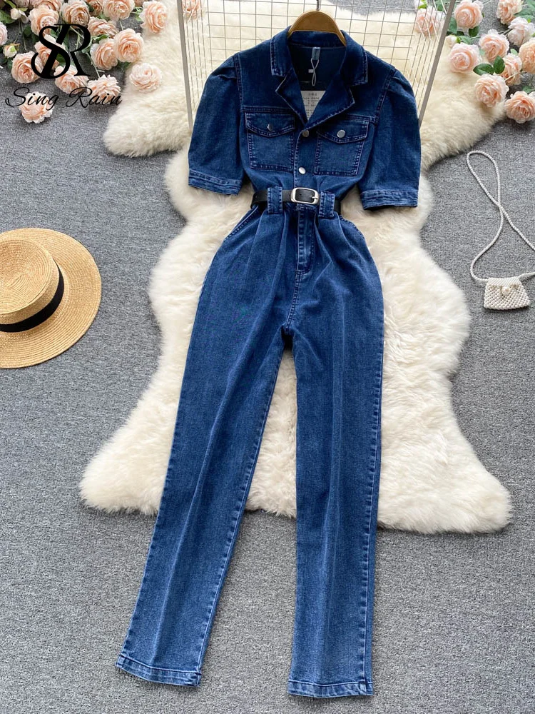

SINGRAIN Denim Pocket Fashion Women Jumpsuits 2022 Summer Lapel Sashes Slim Elegant Single Breasted Wide Leg Long Rompers