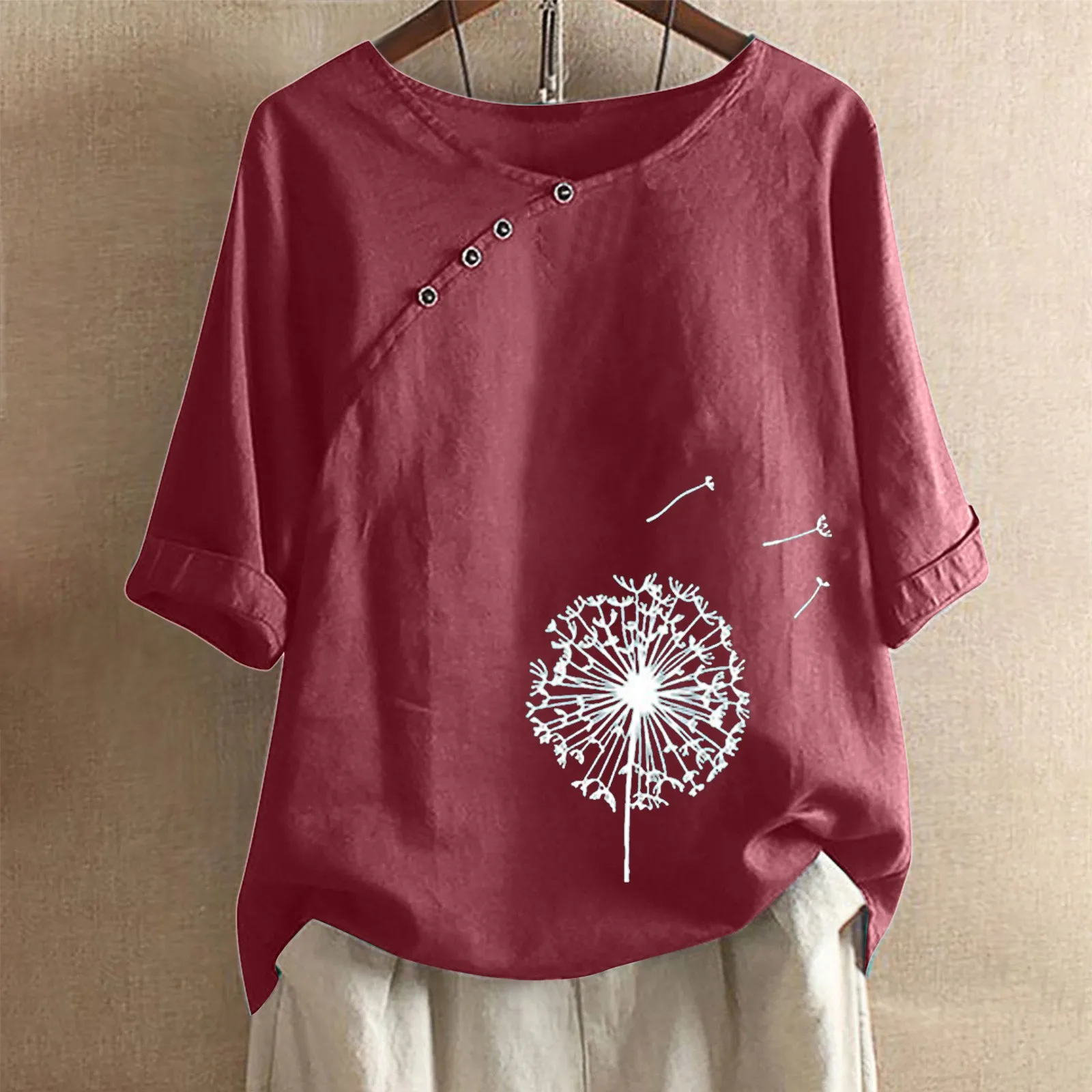 

Summer Womens Half Sleeve V Neck Side Button Floral Fit Printed Top T Shirts Casual Linen Tee T Shirt Patch Clothes for Women