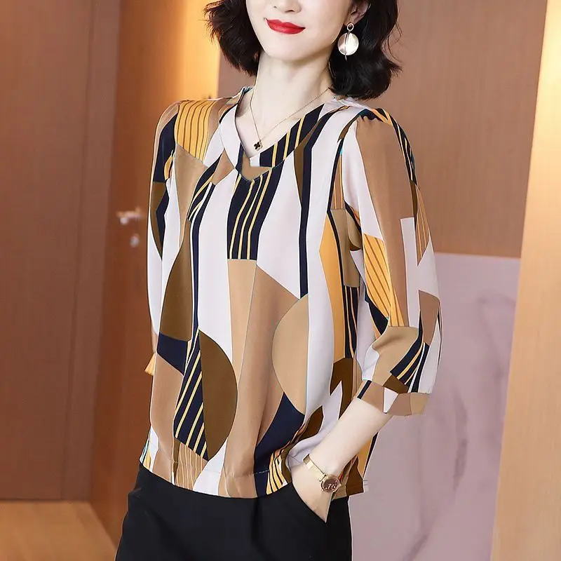 

Женская шифоновая блузка с принтом, элегантная повседневная Свободная блузка в Корейском стиле с полурукавами, Новинка лета 2023, Z9