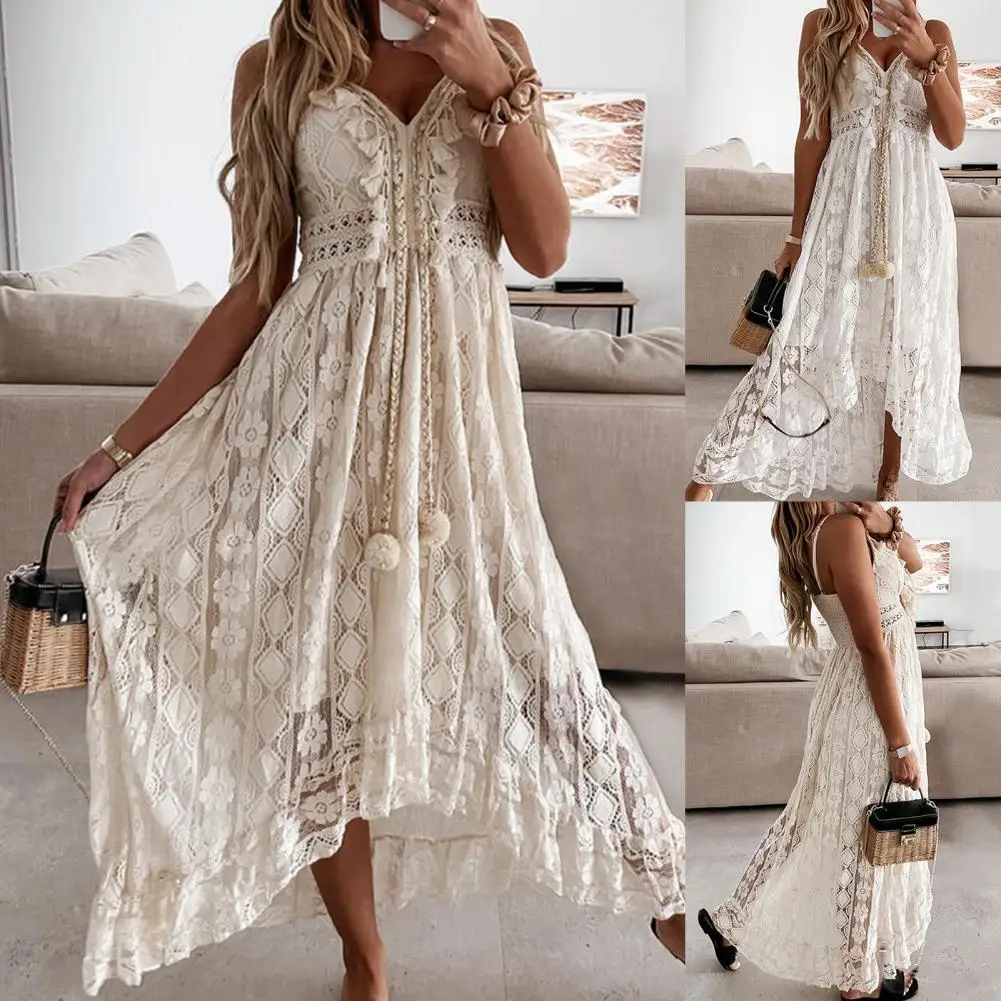 

Women Dress Lace Large Hem Summer Elegant Spaghetti Strap Midi Dress for Party