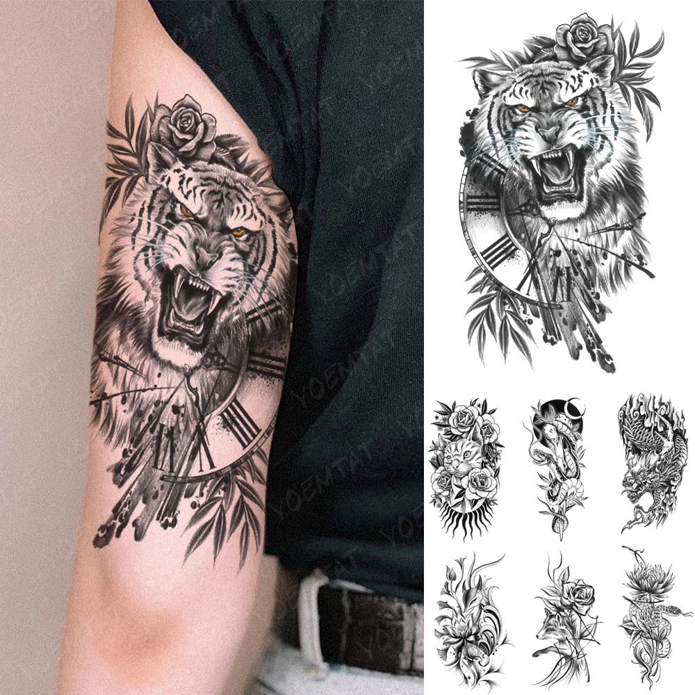 

Waterproof Temporary Tattoos Sticker Tiger Wolf Rose Leaf Clock Compass Body Art Tatoo Big Arm Sleeve Leg Men Women Fake Tattoo