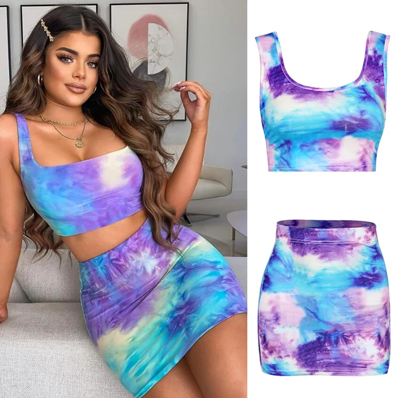 

Youth Tie-Dye Printing 2-Piece Casual Vest + Hip Skirt Suit Purple