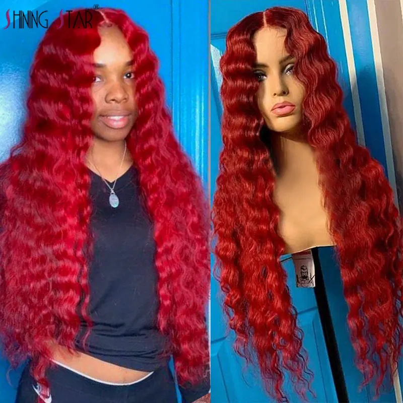 Deep Wave Frontal Wig Colored Red Lace Front Wig Brazilian 13X4 Lace Front Curly Human Hair Wig Burgundy 99J Hd Transparent Hair