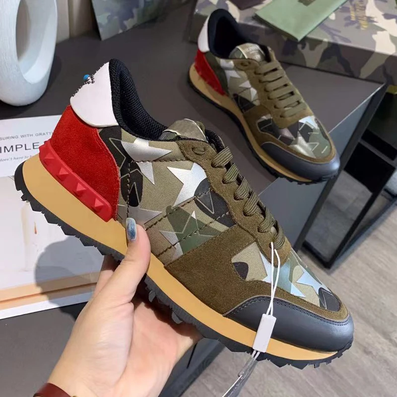 

Designer Brand Men's Camo-Print Fabric Trainer Sneakers Suede Leather Trimmed Canvas Camouflage Low-Top Runner Sports Shoes