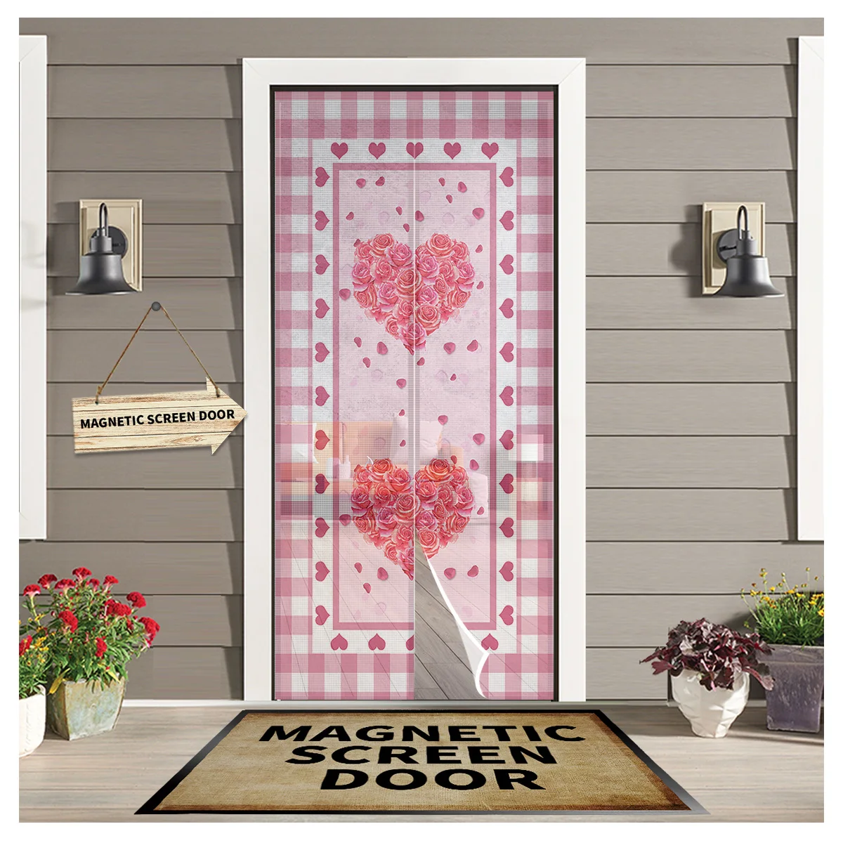 

Valentine'S Day Love Roses Pink Plaid Summer Magnetic Mesh Mosquito Screen Door Curtain Anti-Mosquito Net Fly Insect Screen