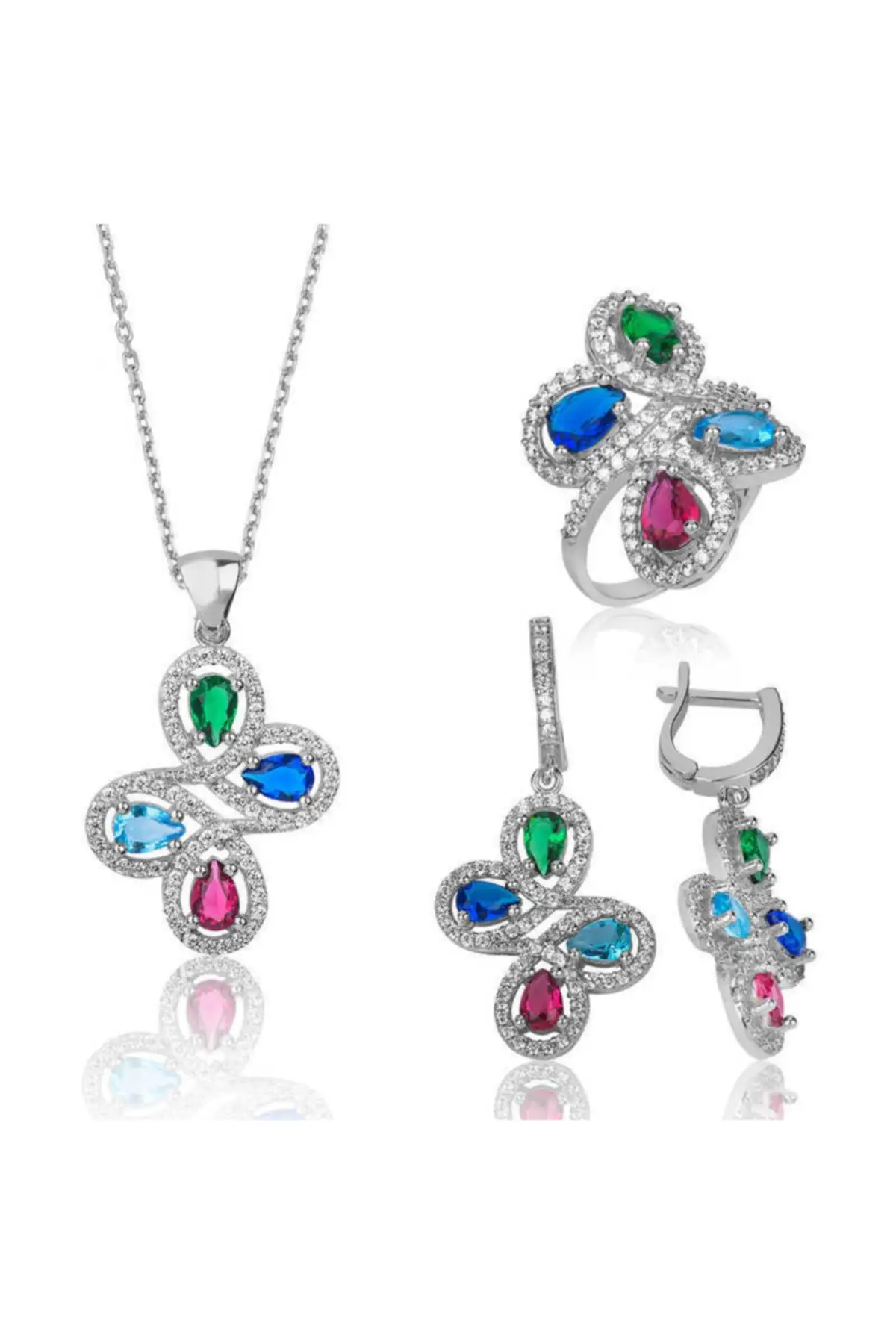 

Women's Pink Color Silver Set, earring pendant ring