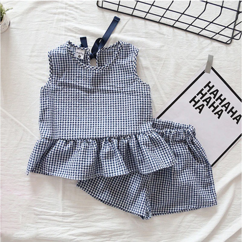 

1-5Yrs Toddler Girl Clothes Set Girls Summer Outfits Kids Children Fashion Plaid Sleeveless Top + Shorts Boutique Kids Clothing