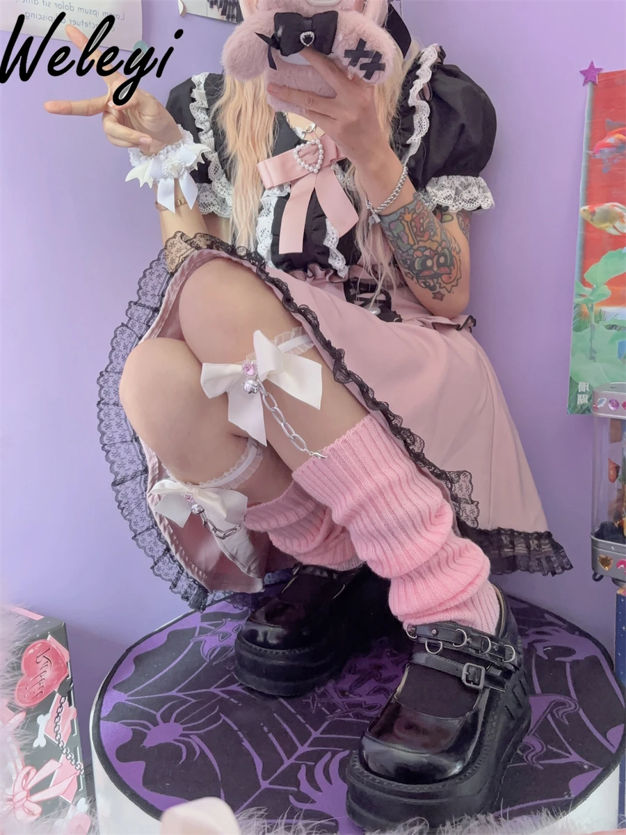 Носки Y2K женские с бантом и кольцом вязаные гетры в японском стиле Харадзюку