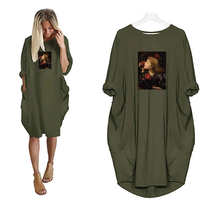 

Loose Dresses for Women 2022 Pocket Autumn Face Print Female Dress Woman O-Neck Mini Long Sleeve Casual Ladies Dress Robe New In