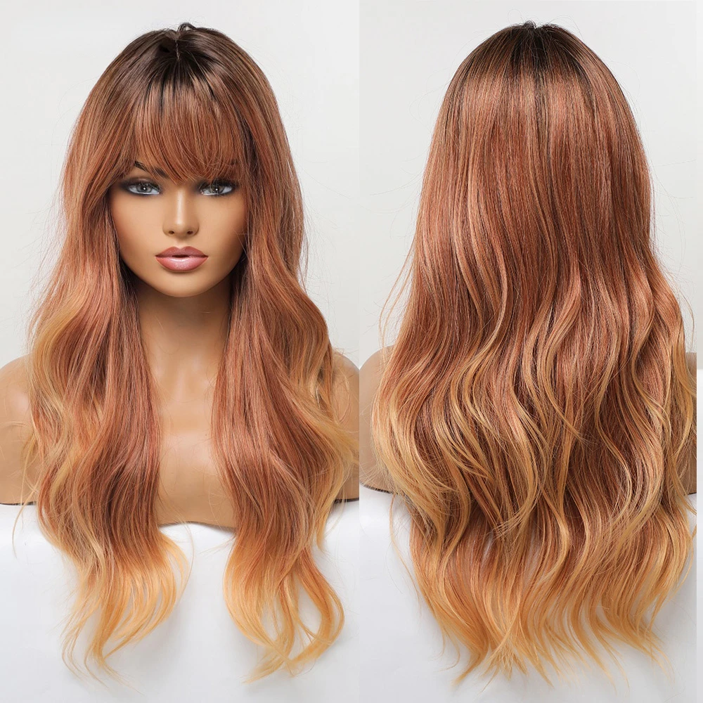 

WigMVP Synthetic Ombre Brown to Ginger Wigs Natural Blonde Wavy Hair Wig for Women Cosplay Orange-brown Daily Wigs with Bangs