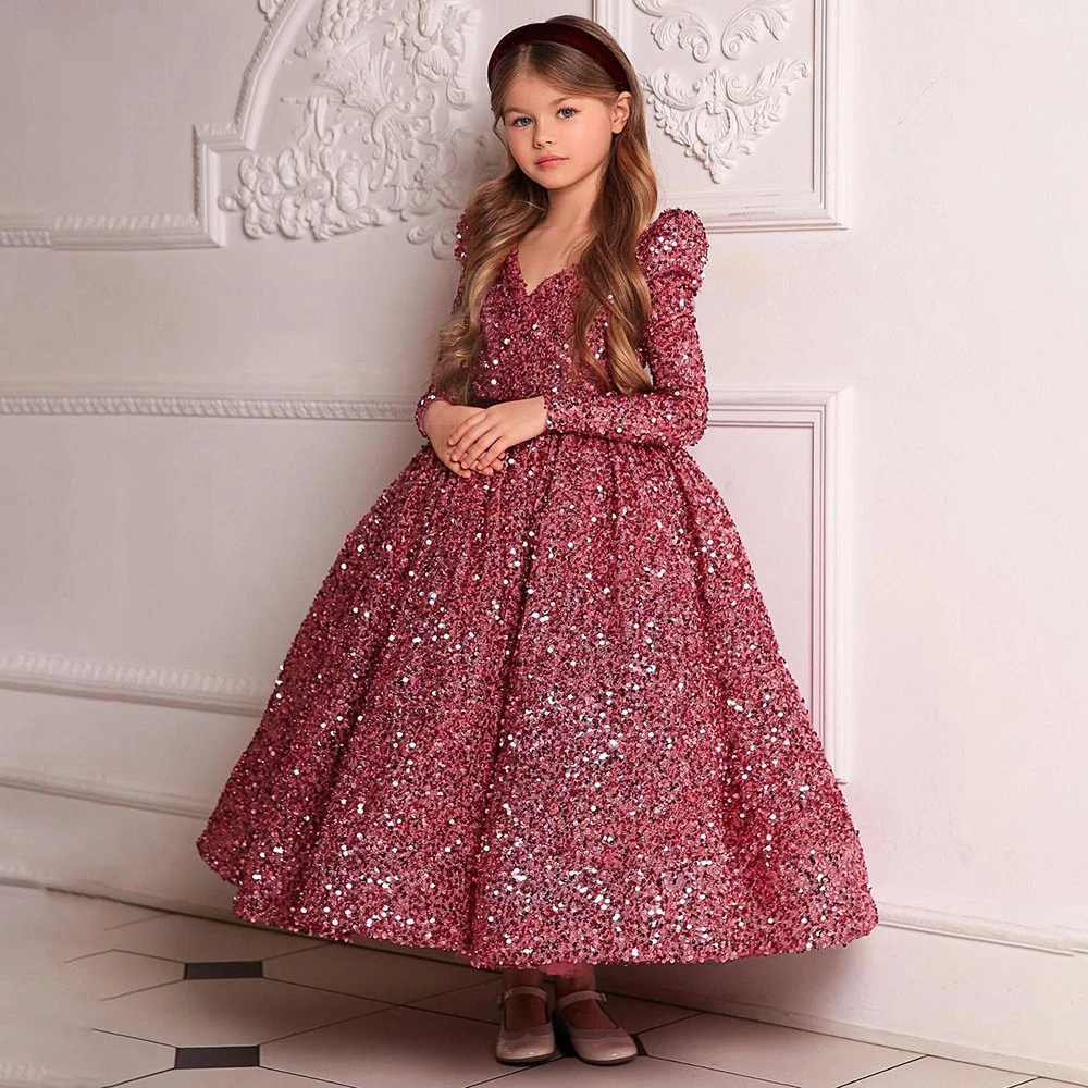 Sparkly V-neck Ankle Length Flower Girl Dresses Backless Ball Gown First Communion Dress Long Sleeves Kids Prom Party Gown