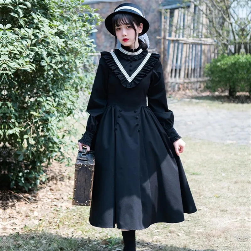 

Elegant Gothic Lolita OP Dress Autumn Winter Vintage Large Hem Dress Long Sleeve Standing Neck Nun Style Dress