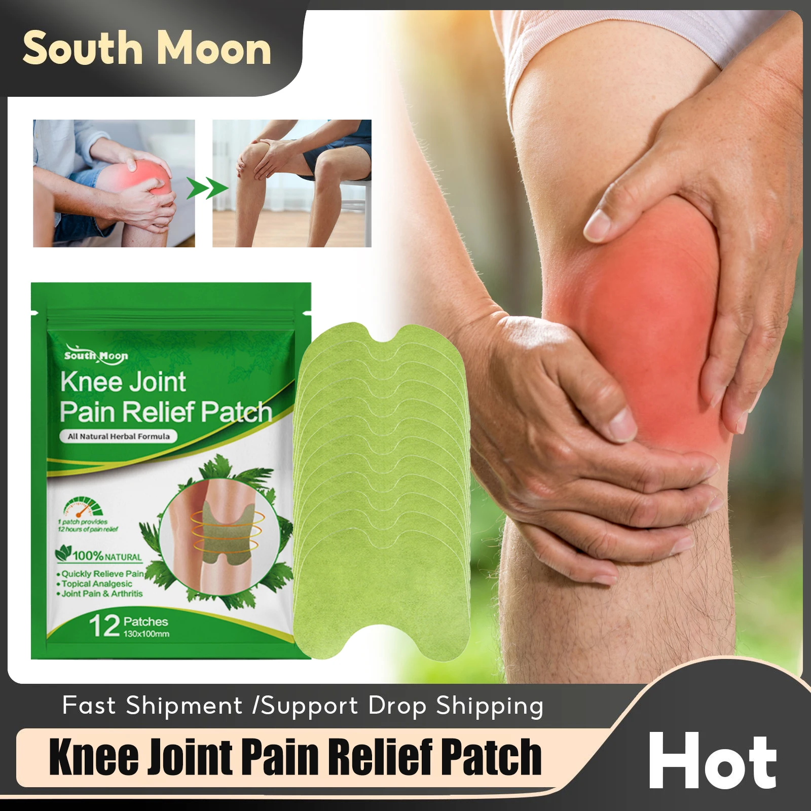 

South Moon Knee Joint Pain Relief Patch Treatment Rheumatism Bruise Arthritis Anti Swelling Relieve Body Muscle Wormwood Sticker