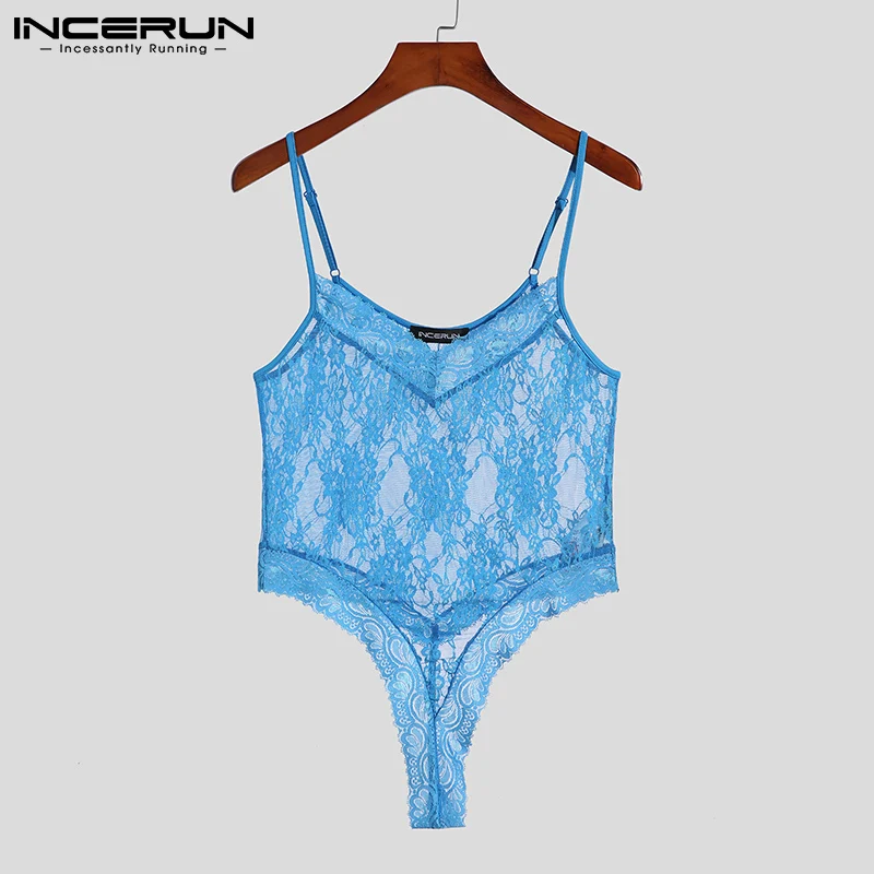 

Men Bodysuits Pajamas Mesh See Through V Neck Sleeveless Rompers Men Lace Skinny Sexy Suspender Bodysuit Underwear 5XL INCERUN 7