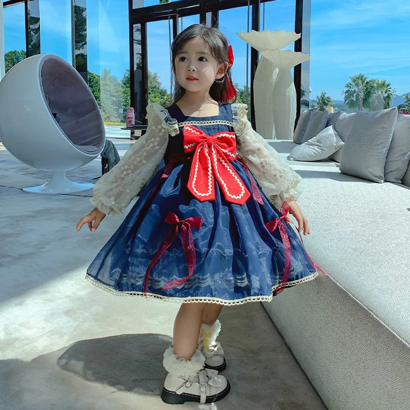 

Новинка 2022, весенне-осеннее платье в стиле испанской Лолиты с помпонами и бантом, милое детское платье принцессы с длинным рукавом, празднич...