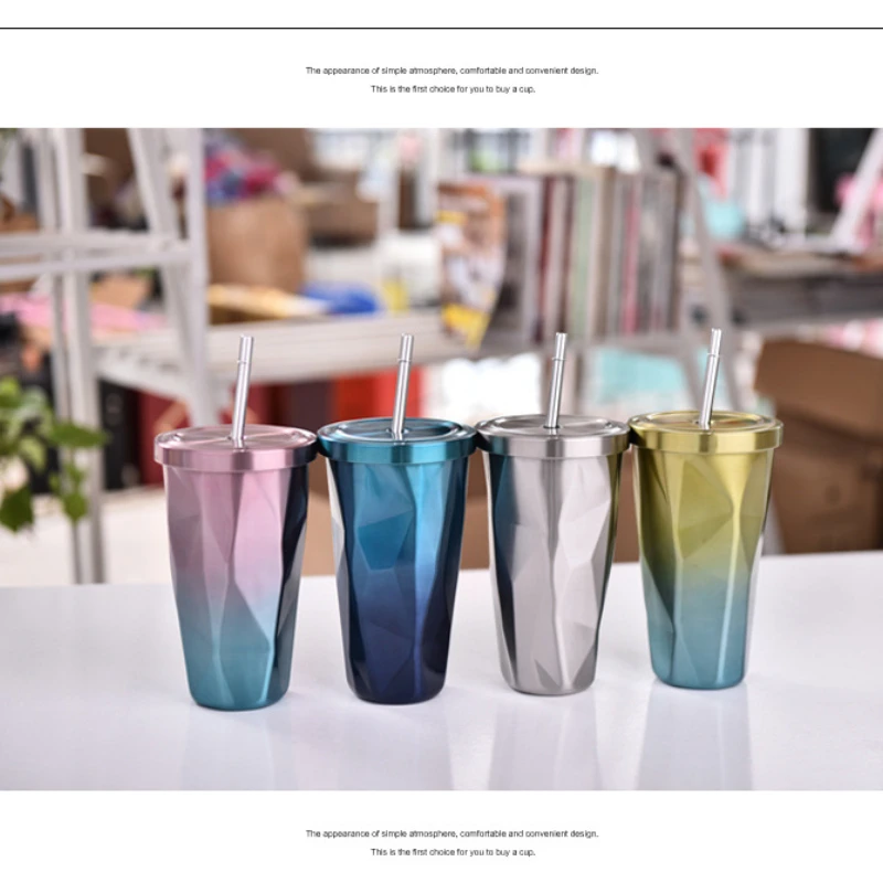 

Creative Stainless Steel gradient cup insulated water bottle Double Wall Coffee Bottle With Straw Travel Water Cup Tumbler Mug