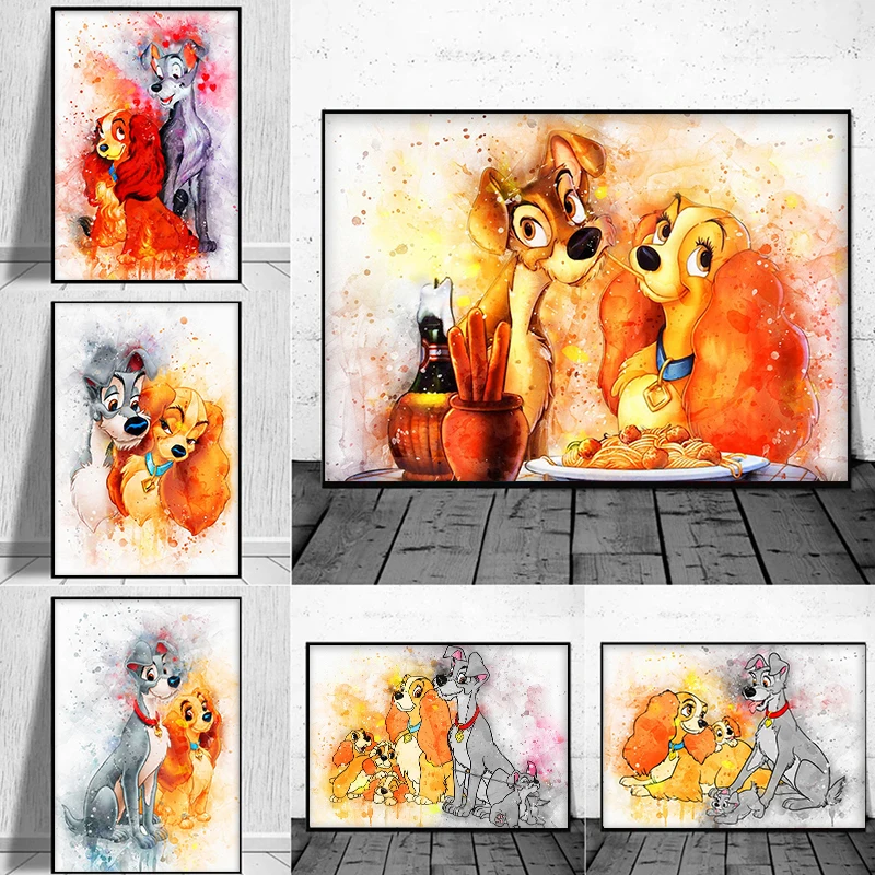 

Disney Movie Lady and The Tramp Canvas Painting Wall Art Watercolor Cartoon Dog Poster and Prints for Kids Bedroom Home Decor