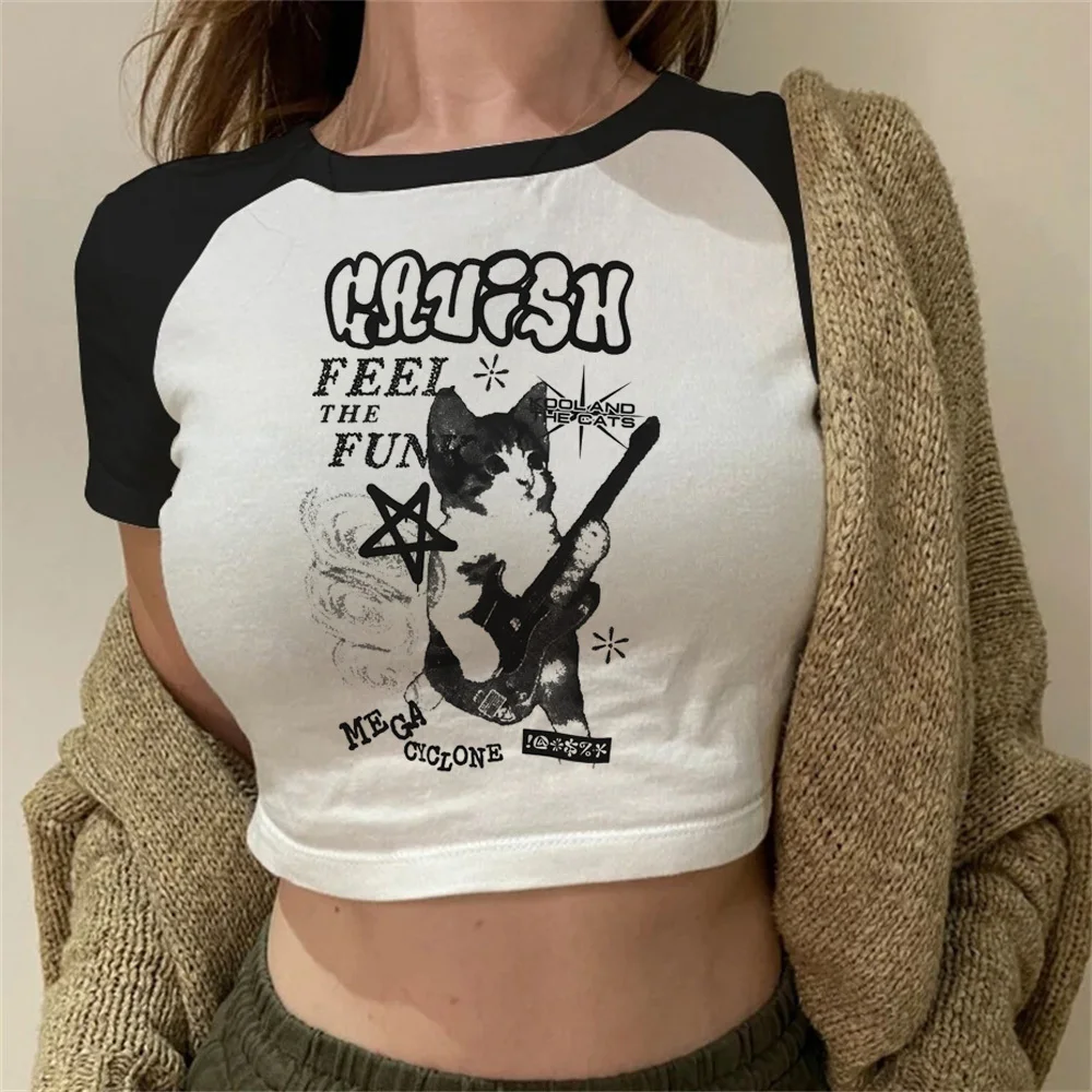 Фото Укороченный топ Cat Y2k Shoujo Girl Style Babydoll y2k 2000-х годов, летняя футболка в стиле Харадзюку для подростков №4