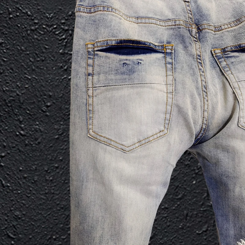 Street Fashion Men Jeans High Quality Retro Elastic Stretch Skinny Ripped Jeans Men Printed Designer Hip Hop Brand Pants Hombre