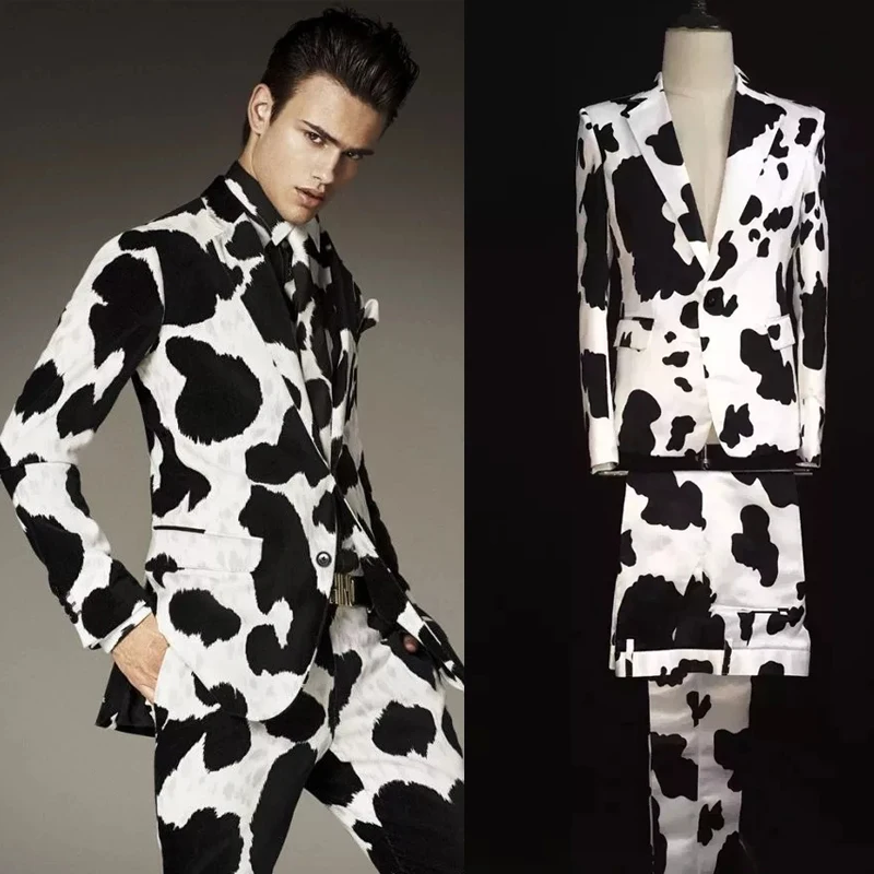 Star Style Milk Cow Pattern Printed Suits Jazz Costumes Nightclub Male DJ DS Singer Stage Outfits Party Show Dance Suits XS2437