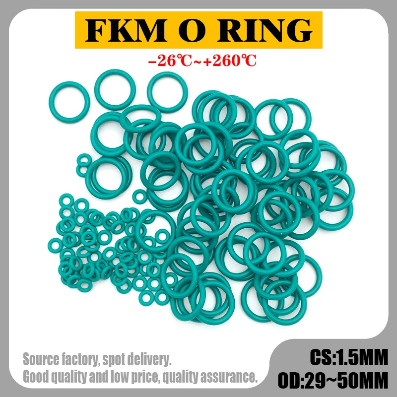

50Pcs FKM Fluorine Rubber O Ring Sealing Gasket Thickness CS 1.5mm OD 29 ~ 50mm Insulation Oil High Temperature Resistance Green