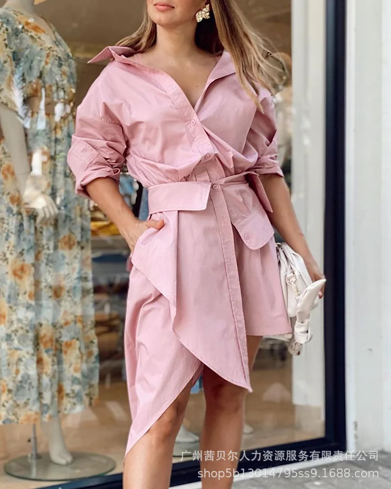 

Женское асимметричное платье-рубашка, розовое Повседневное платье с длинным рукавом, отложным воротником и пуговицами, лето 2022