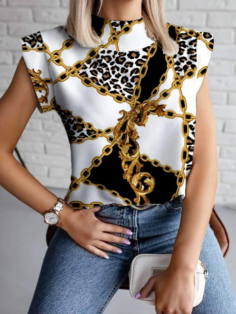 

Fashion Simple Printed Short Sleeve Shirt Women Summer New Half Turtleneck Straight Tops Lady 2022 Office Commuter Chic Shirt