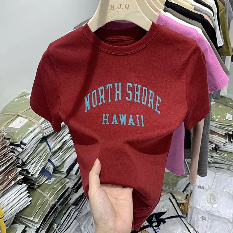 Streetwear Vintage North Shore HAWAII Letter Print T Shirts Crop Tops Sexy Girls Korean Brand Summer Large 2XL Coffee Red Basic