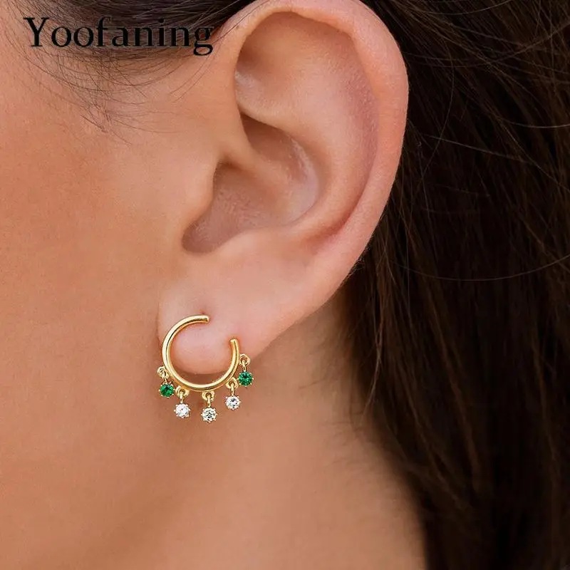 Женские серьги-кольца из серебра 925 пробы с белым и зеленым Цирконом