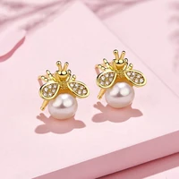 temperament pearl insect bee stud earrings for women delicate gold animal tibetan silver 925 earrings fashion jewelry wholesale