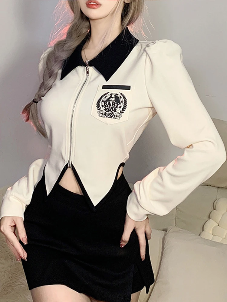 Рубашки-поло в стиле преппи Женская универсальная блузка на молнии корейская