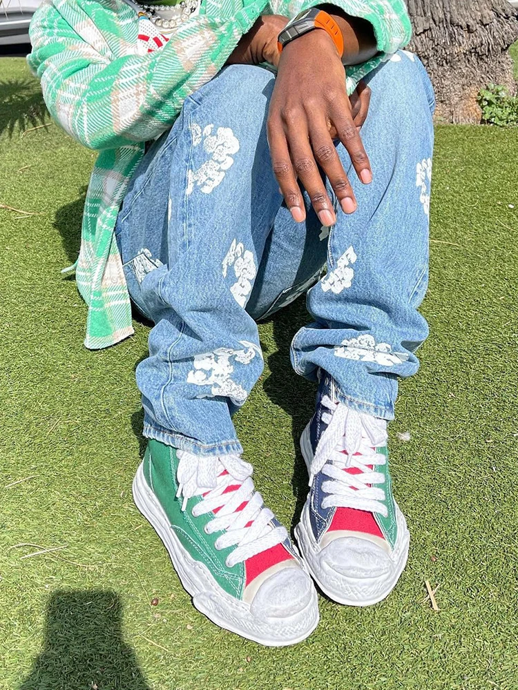 New Arrival Loose Straight Comfy Cotton Denim Pants Trousers Y2K Clothes Streetwear Casual Fashion Flowers Printed Jeans For Men