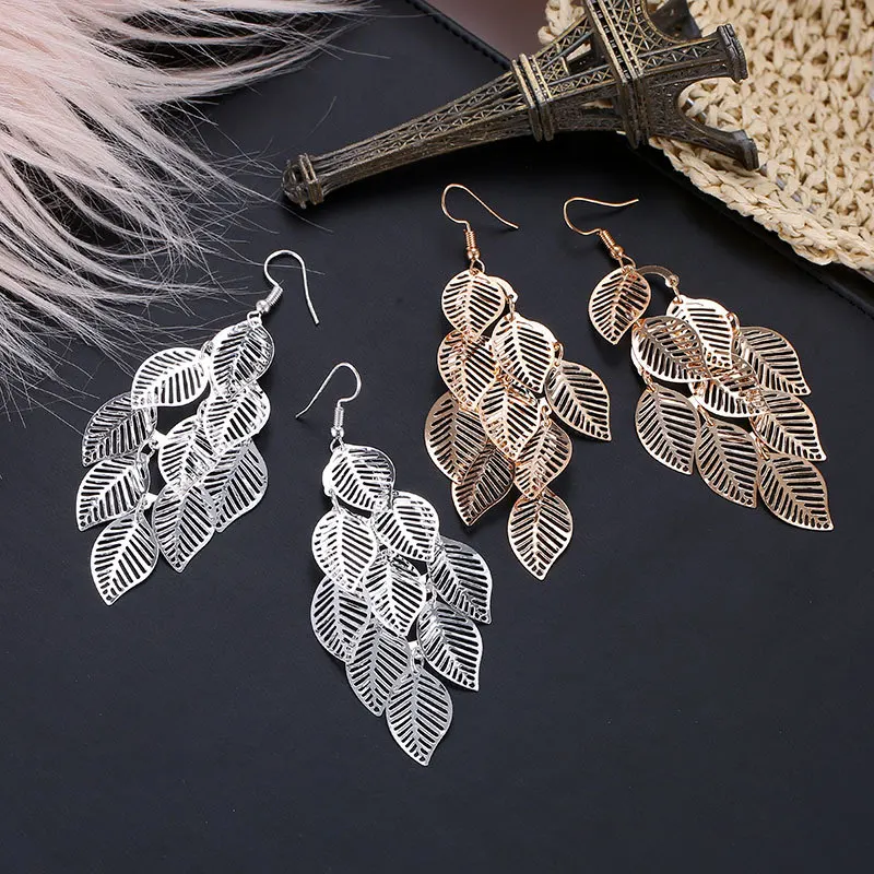

Stylish and simple multi-layer hollowed-out leaf earrings Long leaf lady earrings gift