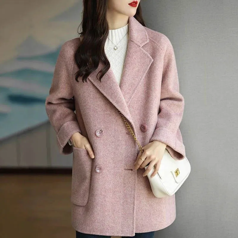 Autumn Women's New Splice Woolen Coat South Korea Fashion Loose Coat Plus Size Medium Long Suit Collar Woolen Coat