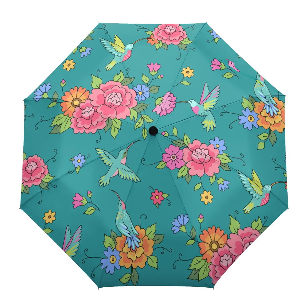 

Flower Hummingbird Sunshade Parasol Umbrella Fully-automatic Eight Strands Foldable Rain Umbrella for Women Kids