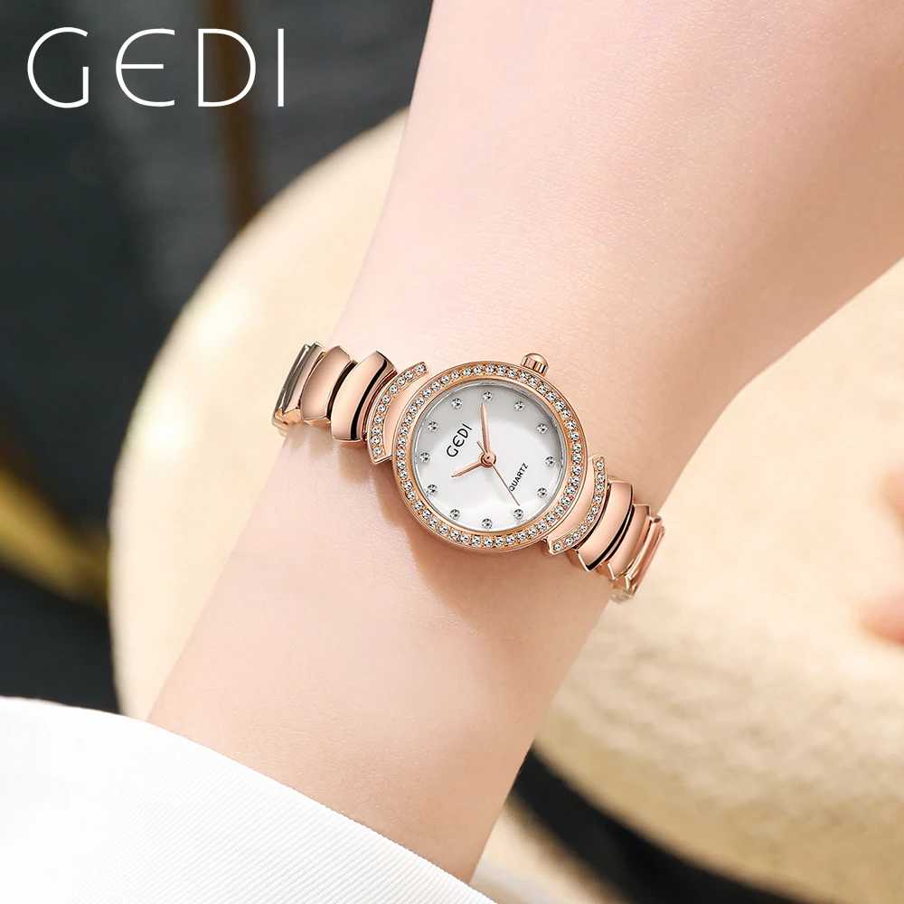 GEDI Waterproof Stainless Steel Women Bracelet Watch Luxury Fashion Full Diamond Small Rose Gold Ladies Quartz Watches Gift 2023