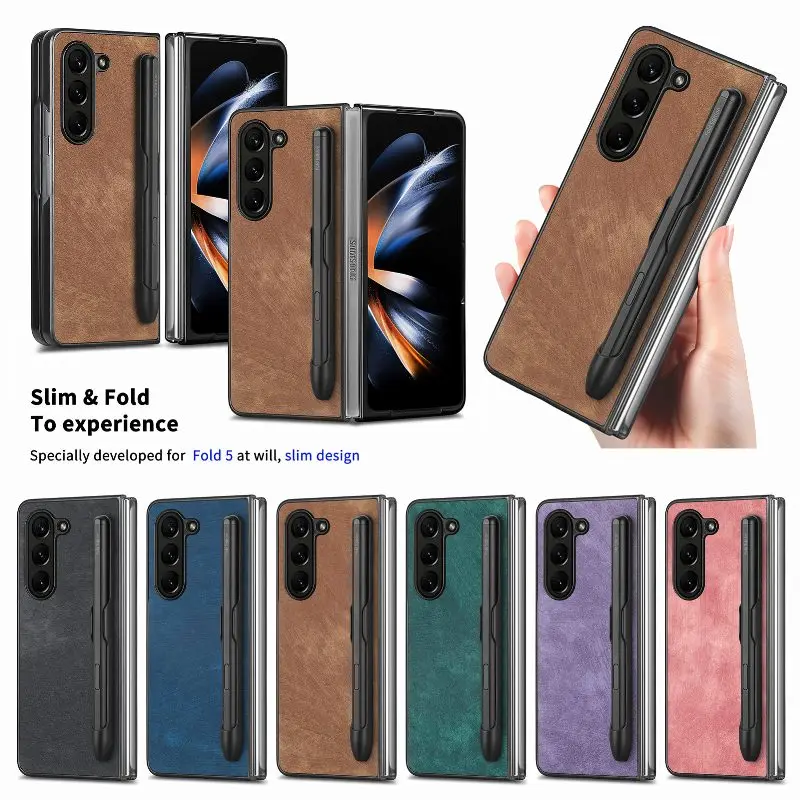 

Solid Color Leather Foliding Case Phone Cover For Samsung Galaxy Z Fold 5 Z Fold4 With Pen Holder Phone Case(Exclude Pen)