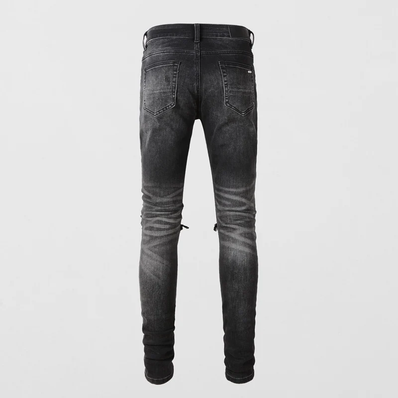Fashion Streetwear Men Jeans Retro Black Gray Stretch Slim Fit Hole Ripped Jeans Men Patched Designer Hip Hop Brand Pants Hombre