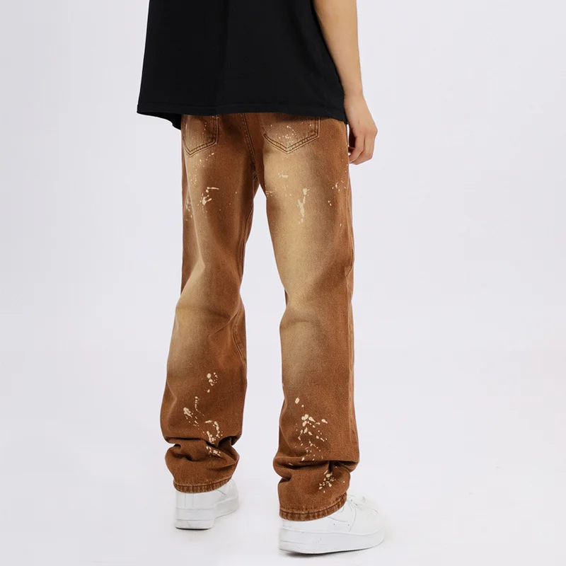 Streetwear Men New Pattern Vintage Recreational Brown Pants Straight Cylinder Comfortable Loose Splash Ink Jeans Autumn Female
