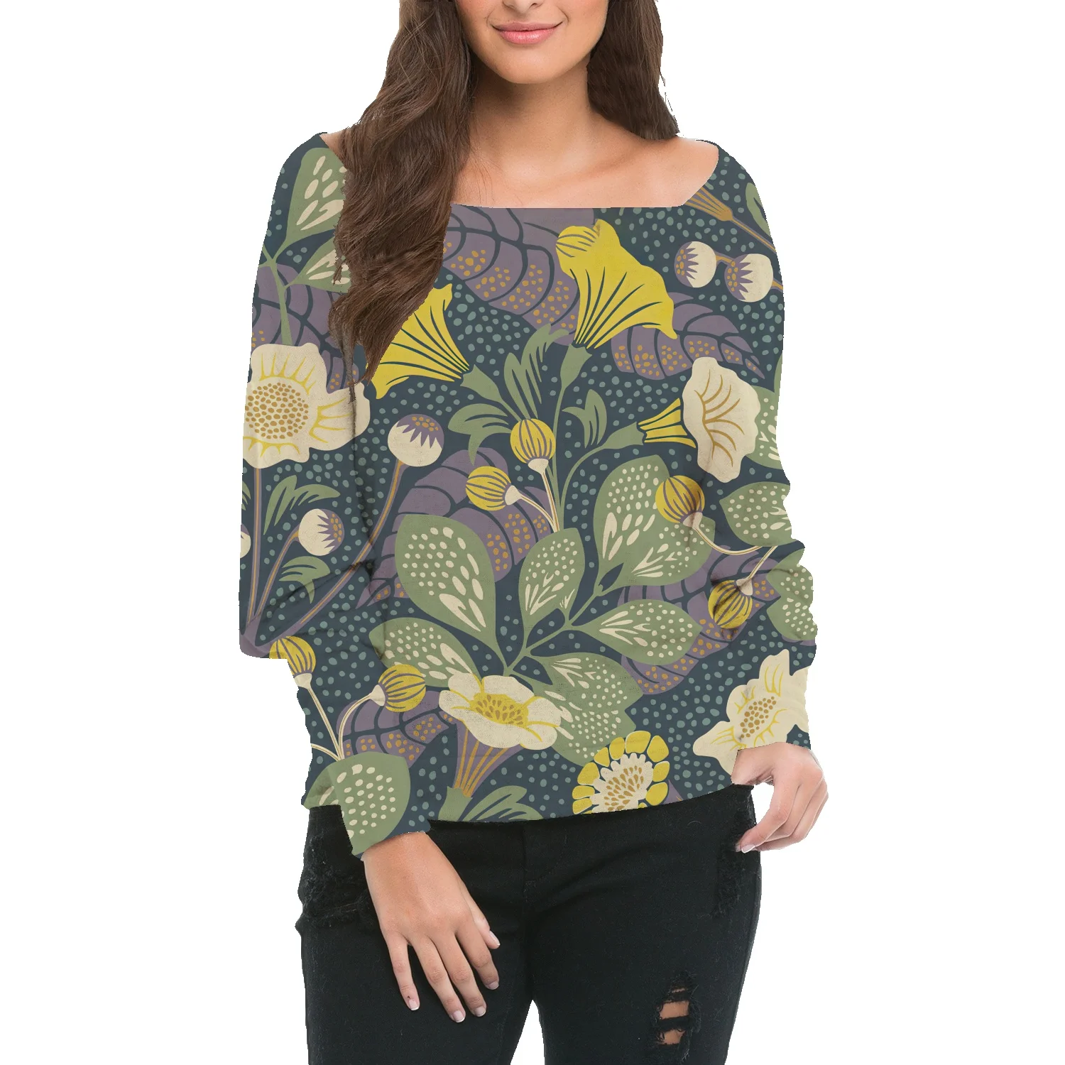 

Autumn women's sweater thin section like wide loose square collar sexy all-match pullover long-sleeved love floral striped top