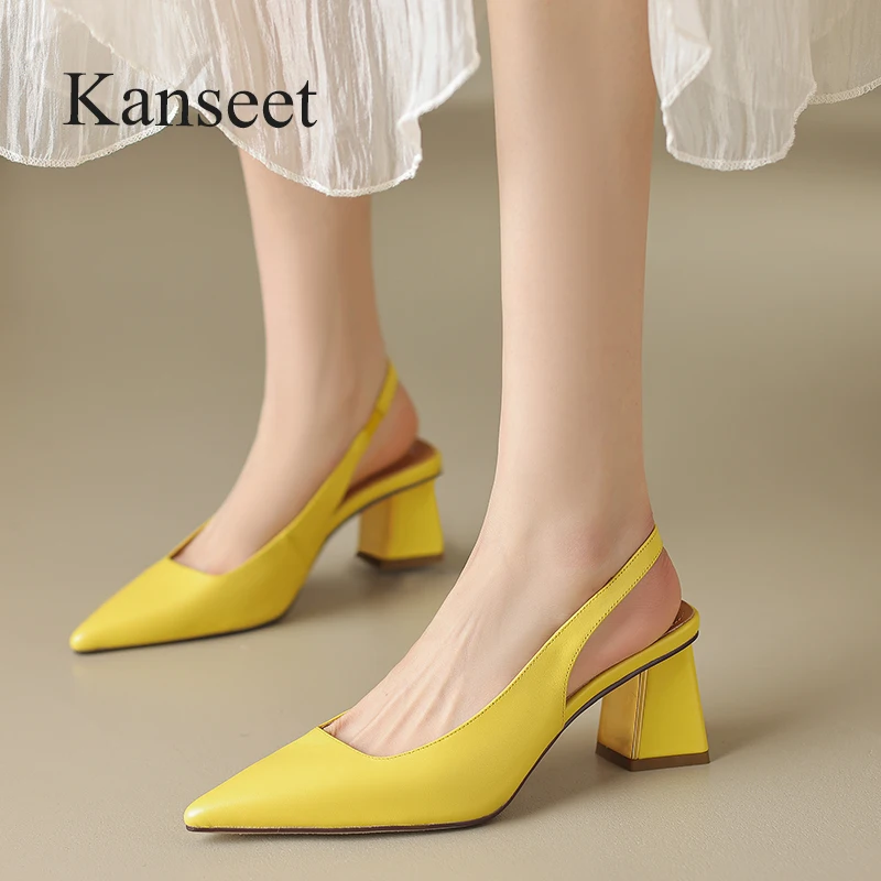 

Kanseet 2023 Summer Shoes New Genuine Leather Women Sandals Elegant Pointed Toe Handmade High Heels Ladies Footwear 33-40 Yellow