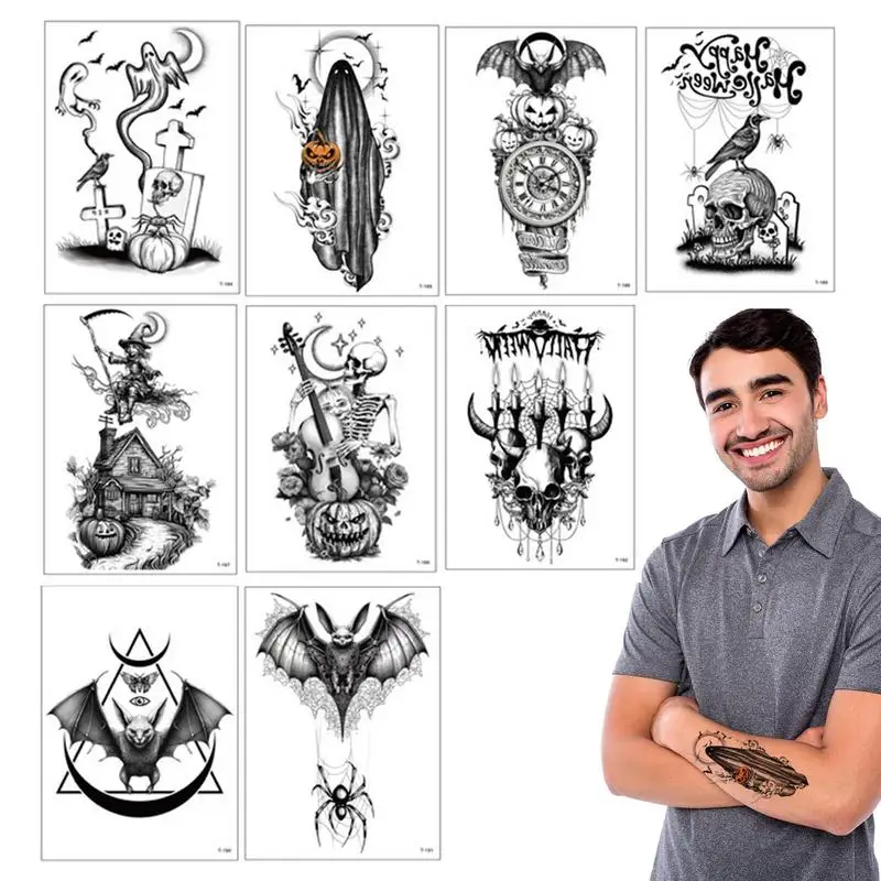 

Водостойкая временная татуировка на Хэллоуин, 9 листов, Череп, тыква, призрак, искусственная татуировка для боди-арта, 15*21 см, искусственная татуировка на руку