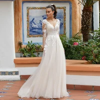 classic a line wedding dress vestido de novia illusion long sleeves v neck applique open back sweep train bridal gown for bride