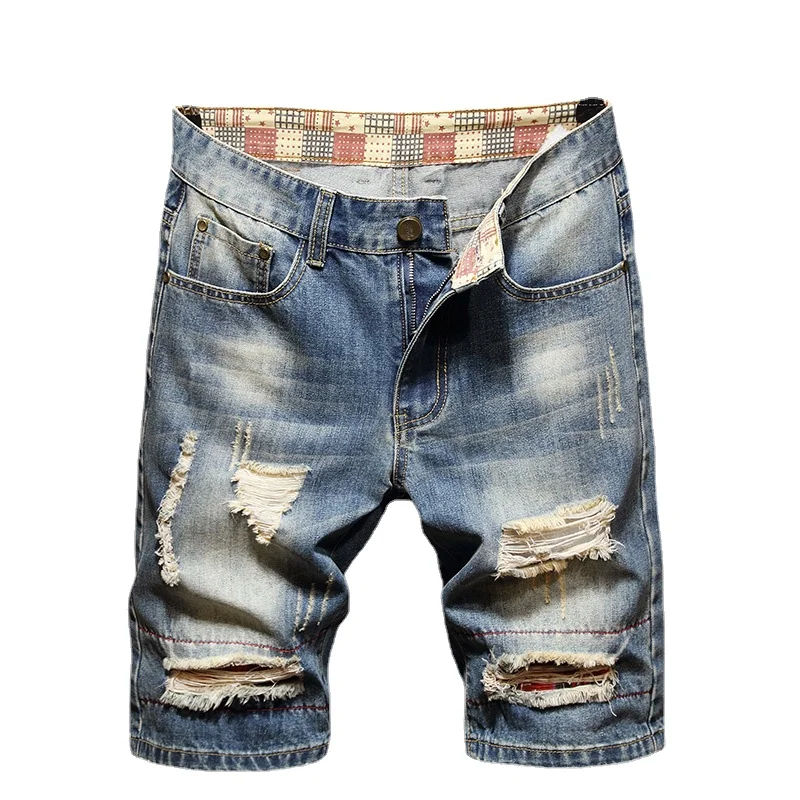 

Summer Sweat Shorts Men's Beach Shorts Broken Hole Grid Stitching Style Men's Blue Shorts Casual Running Shorts Denim Shorts Men