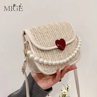 2022 new fashion weave shoulder crossbody bag for women pearl exquisite bag female love heart designer casual small saddle bags