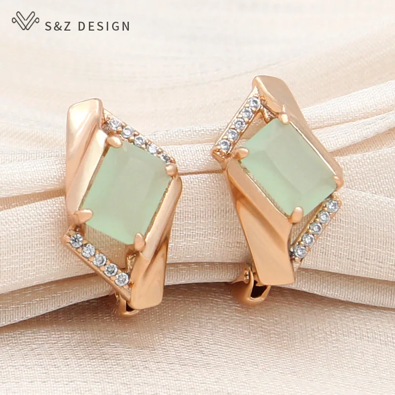 

S&Z DESIGN New Fashion Elegant Champagne Gold Rectangle Green Pink Crystal Drop Earrings For Women Girls Zirconia Jewelry Gift
