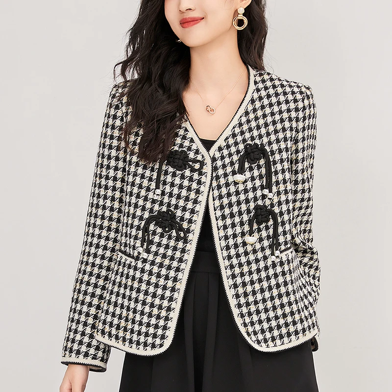

Women's Tweed Jacket Vintage Coats V-neck Long Sleeve Elegant Jackets For Women Houndstooth Autumn Winter Woman Short Coat