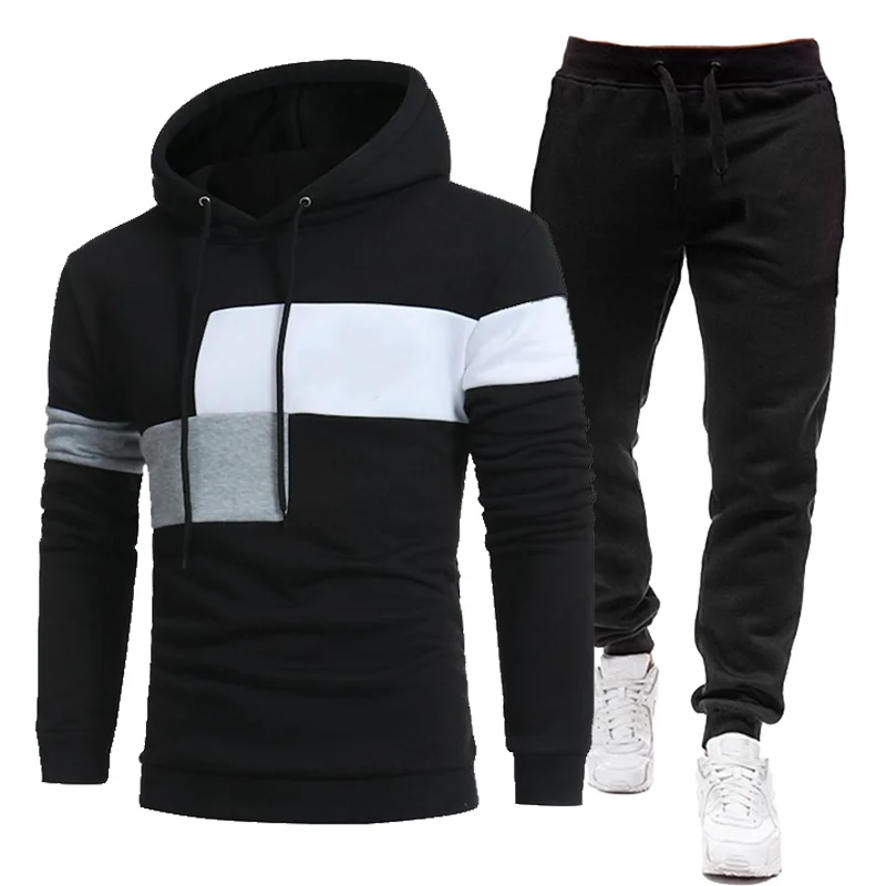 Men Tracksuit Patchwork Spring Autumn Fleece Hoodies and Pants Two Piece Set Casual Warm Fashion Sport New Male Suit